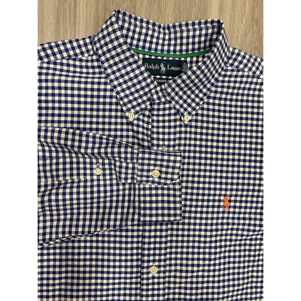 Polo Ralph Lauren Shirt L Large Mens Blue Check Classic Fit Cotton Long‎ Sleeve
